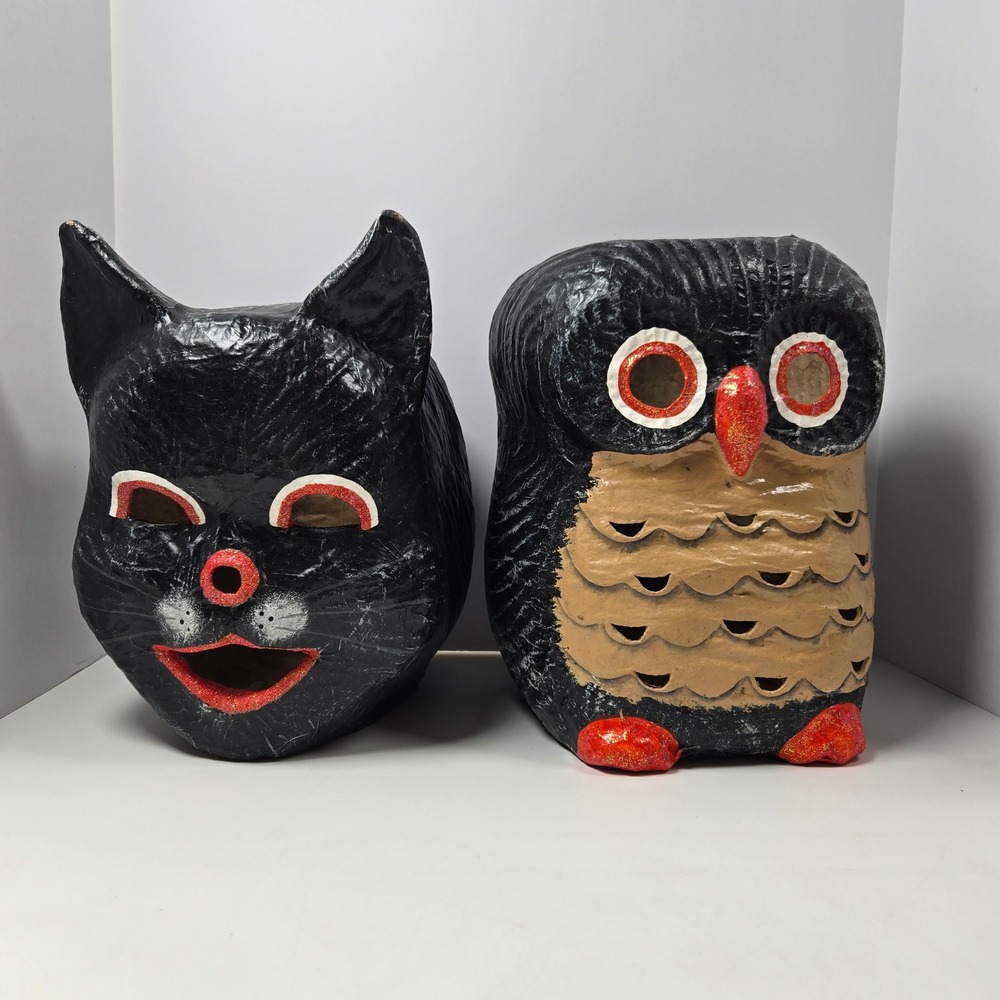 Pottery Barn Kids Halloween Paper Mache Luminary Set Black Cat Owl Vintage Decor